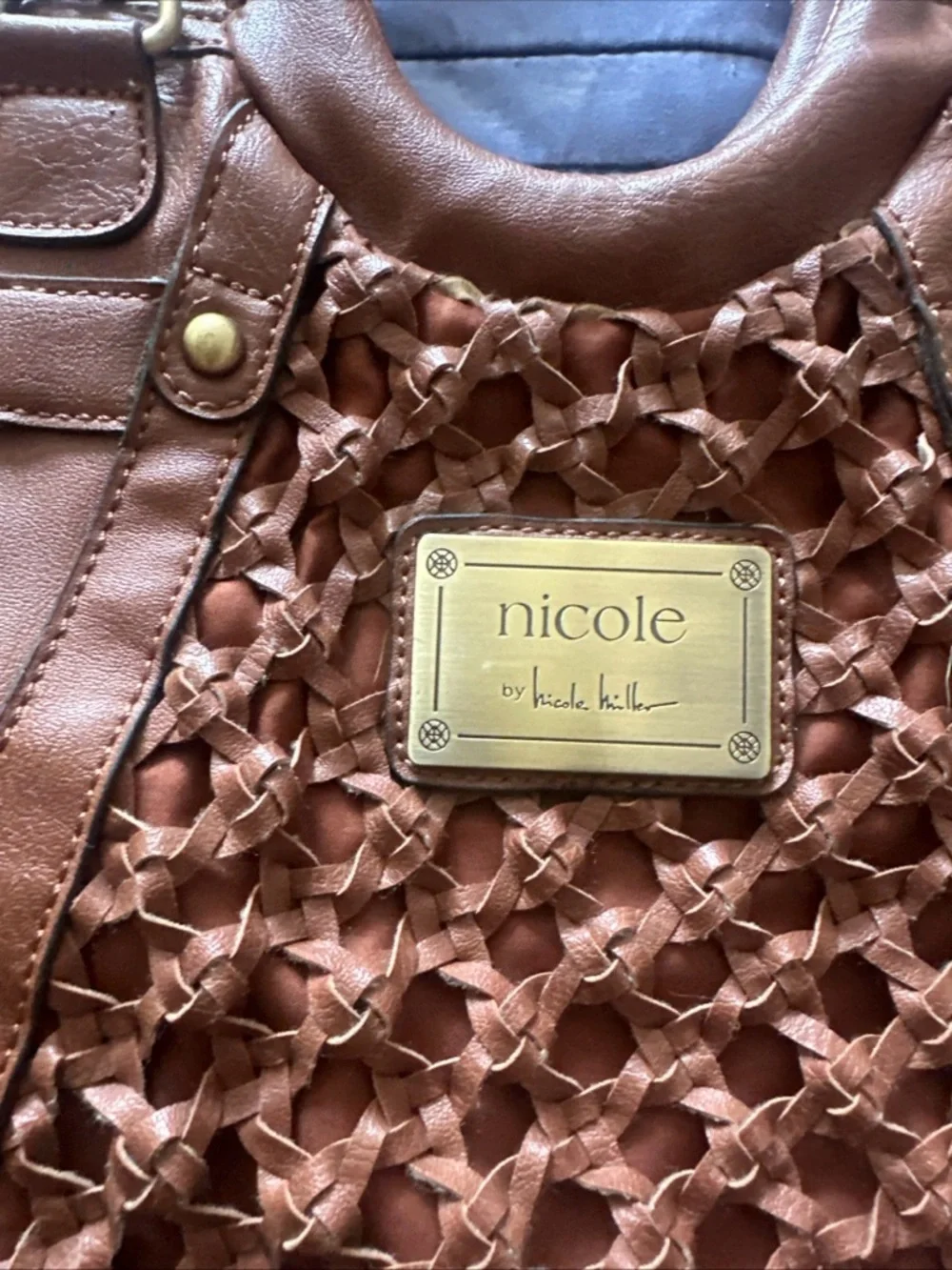 Nicole Miller Brown Woven‎ Front Tote with Gold Plaque